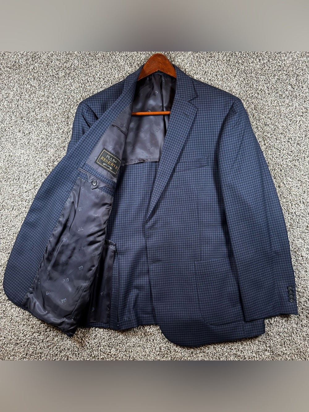 Jos A Bank Reserve Tailored Fit 44R Wool Silk Navy Plaid Coat Blazer Jacket